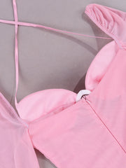 Pink Long Sleeve Mesh Bralette Tie Up Mini Dress