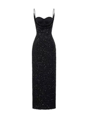 Black Sequin Strappy Bustier Maxi Dress