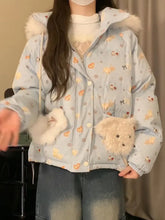 Blue Printed Puff Teddy Hooded Parka Jacket