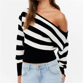 Black Stripe Diagonal Off-Shoulder Crop Knit Top