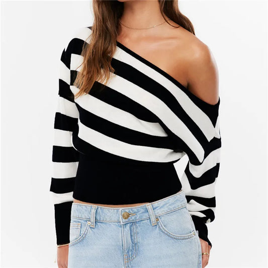 Black Stripe Diagonal Off-Shoulder Crop Knit Top