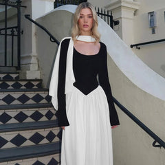 Long Sleeve Contrast Flare With Neck Scarf Maxi Dress
