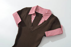Short Sleeve Gingham Patchwork Knit Mini Dress