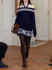 Off-Shoulder Sweater Strap Top And Knit Fuzzyh Mini Skirt