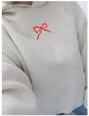 Bow Embroidery Hoodie - Loose Fit Pullover