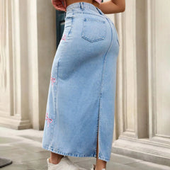 Bow Embroidery Split Long Denim Skirt