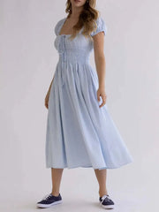 Striped Short Sleeve Ruched Bow Midi Dress