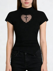 Black Heart Mesh Patchwork Short Sleeve Top