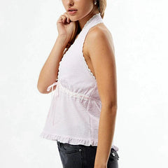 Striped Halter Ribbion Tie Up V-Neck Top