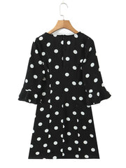 Black Polka Dot Print Three Quarter Sleeves Mini Dress