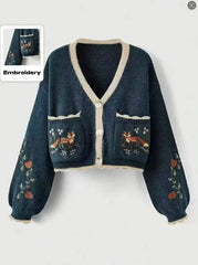 Fox Embroidery Cropped Open Front Cardigan