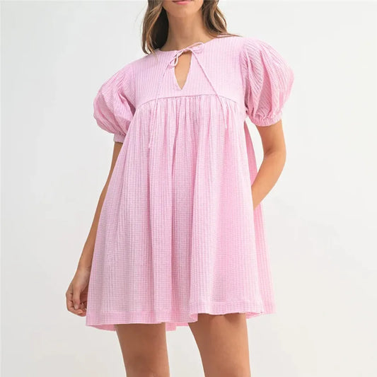 Gingham Round Neck Babydoll Mini Dress