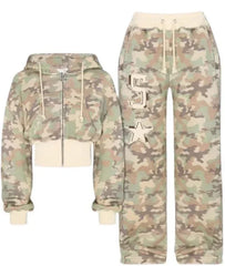 Camouflage Zipper Crop Hoodie, Tube Top, And Shorts, Sweatpants Set
