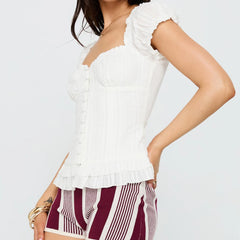 White Ruffled Trim Sweetheart Bubble Short Sleeve Top