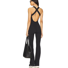 Solid V-Neck Back Cross Flare Pants Jumpsuit