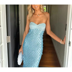 Strapless Sequins Beaded Midi Dress - A-Line Fit