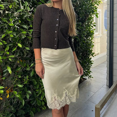 Lace Trim Satin Bodycon Midi Slip Skirt