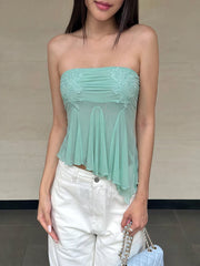 Jacquard Irregular Mesh Hem Strapless Top