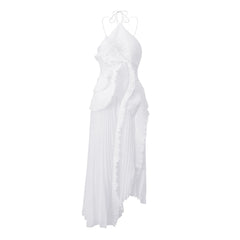 Spaghetti Strap Pleated Irregular Ruffle Desgin Long Dress