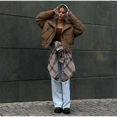 Solid Cropped Collar Button Puff Jacket