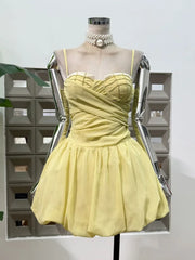 Spaghetti Strap Beaded Bust Ruched Waist Puff Hem Corset Mini Dress