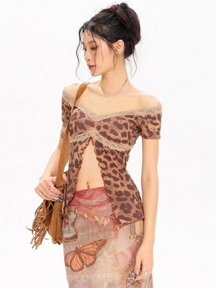 Woman wearing a leopard print top with sheer overlay