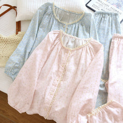 Cotton O-neck Long-sleeved Printed Button Shirt And Pants Pajama Set