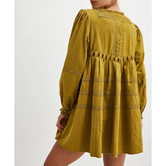 Bow Tie Long Puff Sleeve Embroidered Babydoll Mini Dress