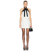 White Solid Black Bow Strap Mini Dress
