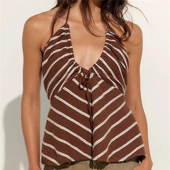 Striped Drawstring Halter Tie Up Top