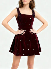 Bowknot Square Neck Sleeveless Beaded Mini Dress