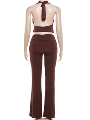 Brown Rhinestone Cowl Neck Top And Wide Leg Pants Set