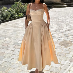 Solid Spaghetti Strap Bustier Pleated Midi Dress