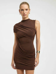 One Shoulder Round Neck Ruched Mini Dress
