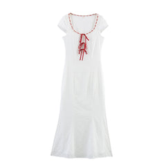 White Red Ribbon Short Sleeve Midi Dress