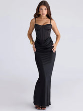 Black Corset Strap Drape Satin Maxi Dress