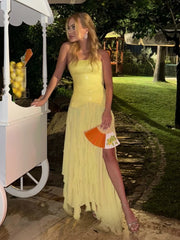 Yellow Strapless Sequin Ruffle Fringe Mesh Maxi Dress