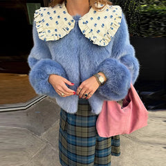 Ruffled Peter Pan Collar Fur Coat