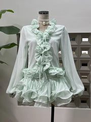 Green Ruffles Tie Up Mesh Top And Skirt Set