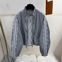 Lace Trim Stand-up Collar Zipper Jacket