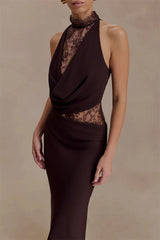 Brown Lace Hollow Out Cowl Maxi Dress