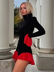 Long Sleeve Patchwork Turtleneck Flare Sleeve Romper