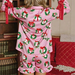 Christmas Print Button Up Long Sleeve Top and Shorts Pajamas Sets