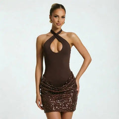 Sequin Patchwork Halter Tank Mini Bodycon Dress