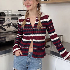 Striped Ribbed Distressed Long Flare Sleeve Button Top