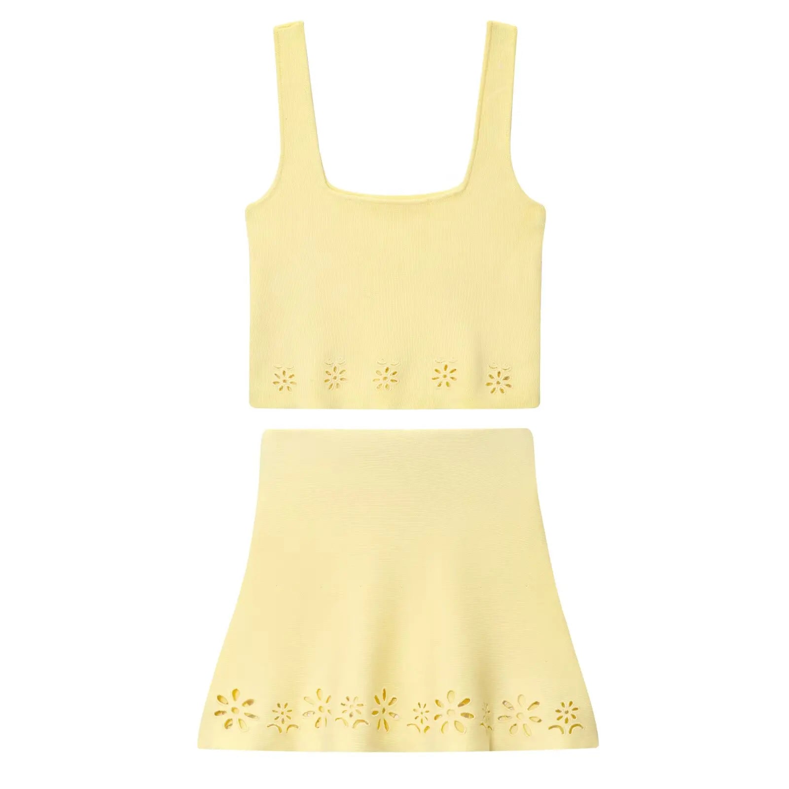 Yellow tank top and skirt set with floral cutouts