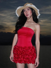 Red Satin Corset Top And 3d Flower Mini Skirt Set