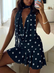 Blue Deep Halter Neck Polka Dot Mini Dress
