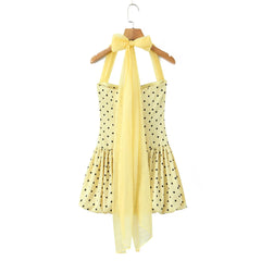 Yellow Polka Dot Tie Bow Halter Puff Hem Mini Dress