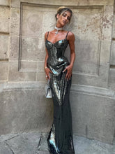 Sequins Spaghetti Strap Lace Lace-up Top And Long Skirts Set